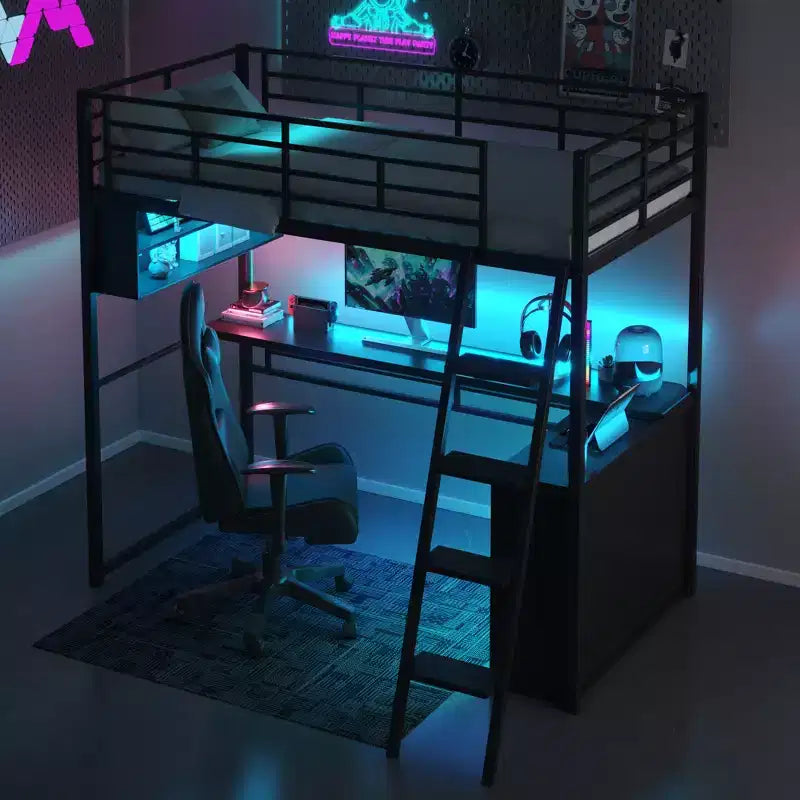 Lit avec LED, bureau et 4 étagères de rangement