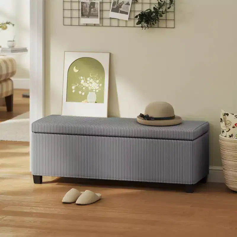 Banc de rangement ottoman, repose-pieds de bout de lit en velours côtelé avec couvercle et pieds