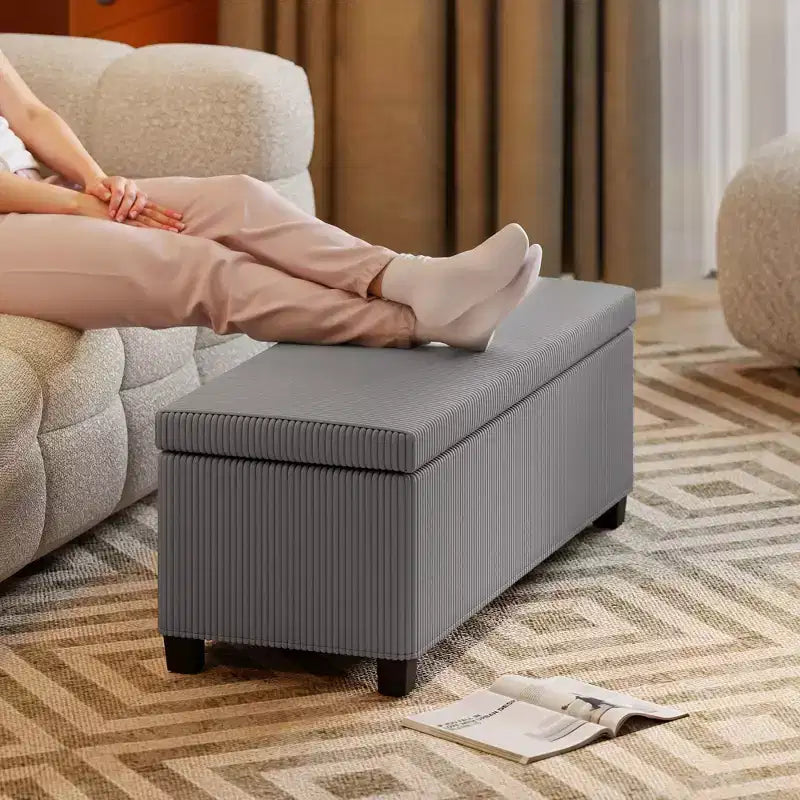 Banc de rangement ottoman, repose-pieds de bout de lit en velours côtelé avec couvercle et pieds