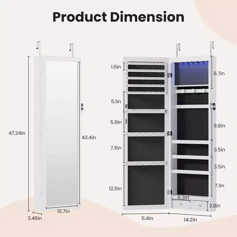 Armoire à bijoux verrouillable en MDF 47 x 11 pouces, avec miroir