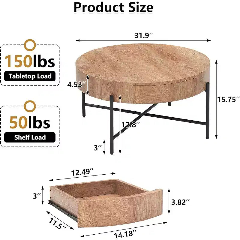 Table basse ronde avec 2 tiroirs, plateau en bois