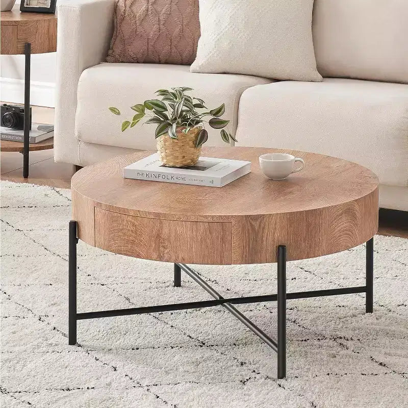 Table basse ronde avec 2 tiroirs, plateau en bois