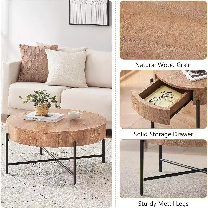Table basse ronde avec 2 tiroirs, plateau en bois