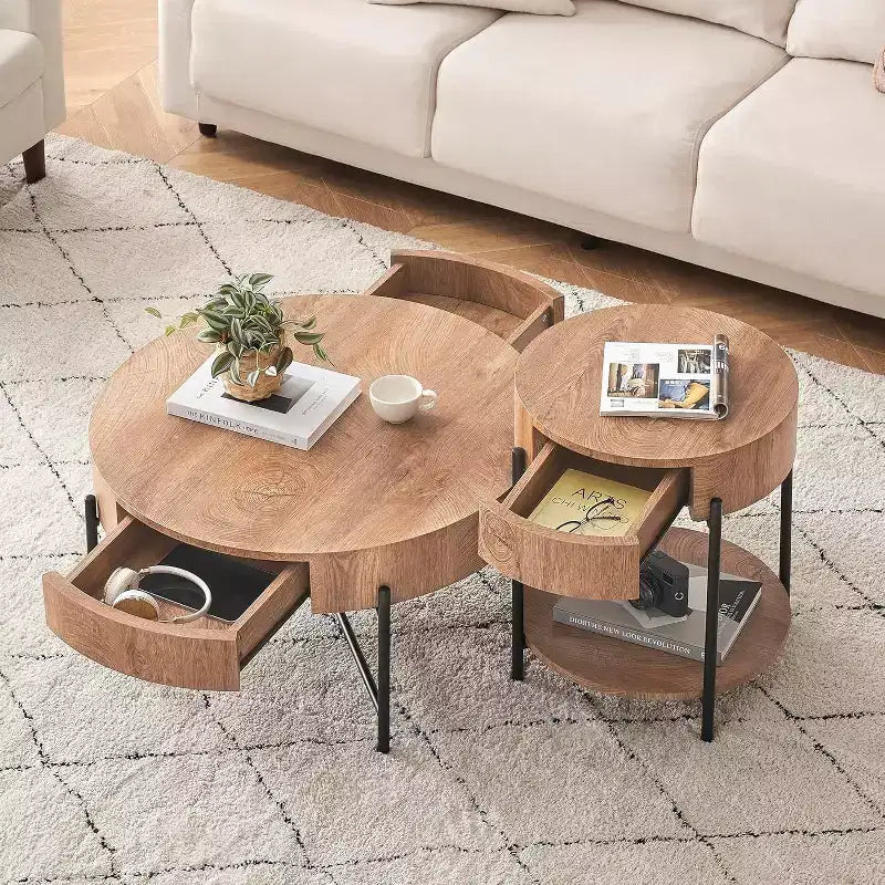 Table basse ronde avec 2 tiroirs, plateau en bois