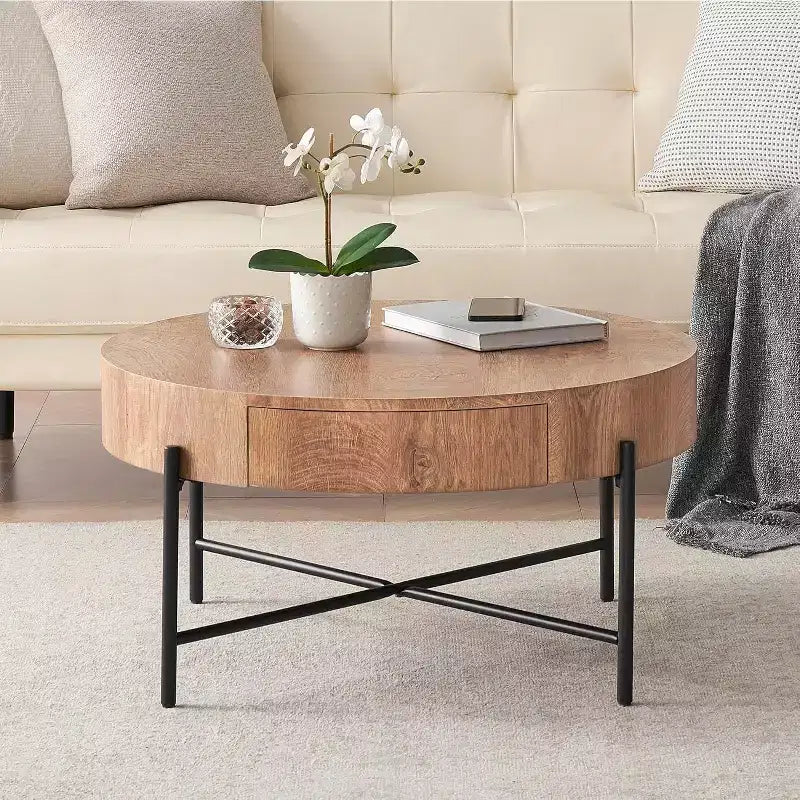 Table basse ronde avec 2 tiroirs, plateau en bois