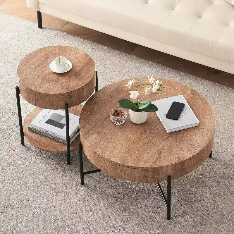 Table basse ronde avec 2 tiroirs, plateau en bois