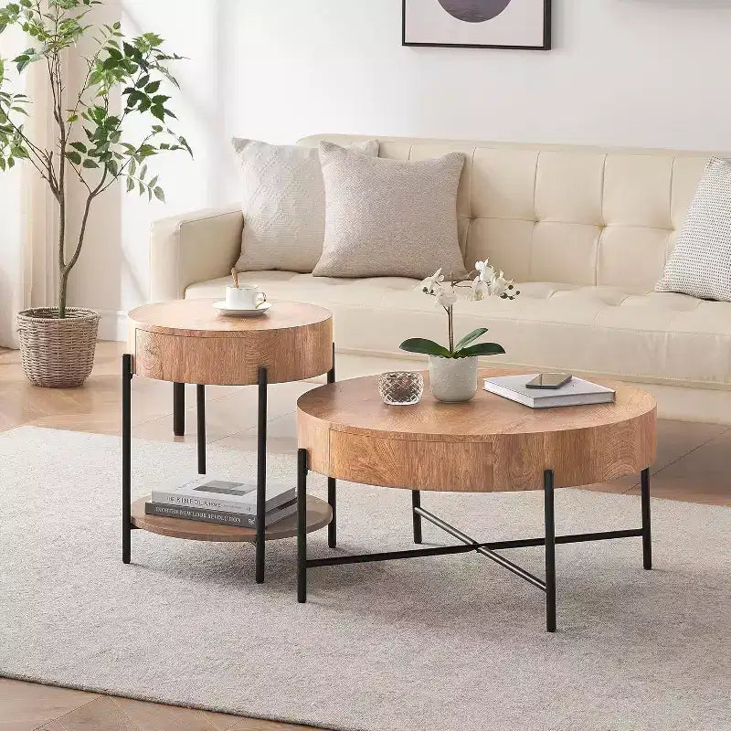 Table basse ronde avec 2 tiroirs, plateau en bois