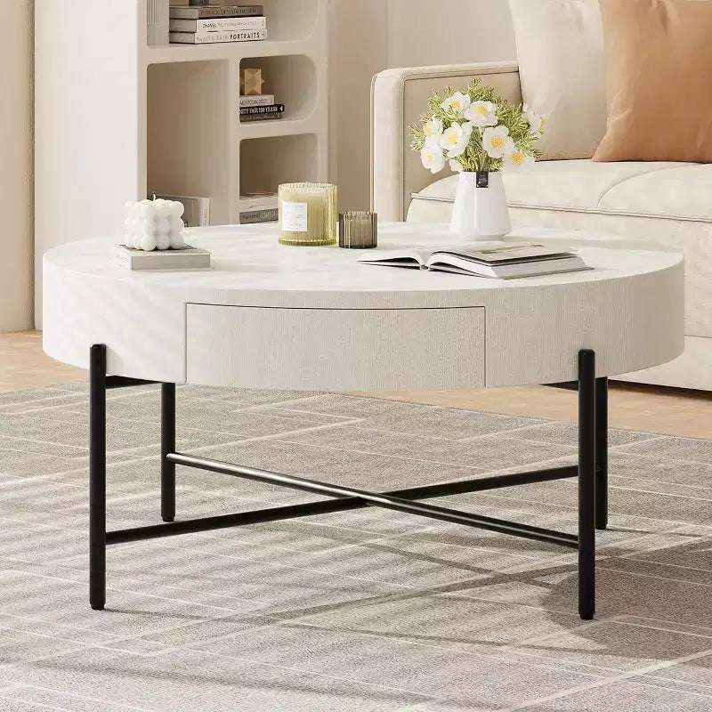 Table basse ronde avec 2 tiroirs, plateau en bois