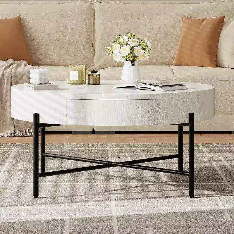 Table basse ronde avec 2 tiroirs, plateau en bois