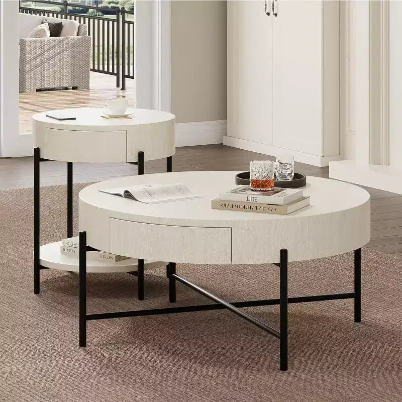 Table basse ronde avec 2 tiroirs, plateau en bois