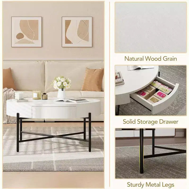 Table basse ronde avec 2 tiroirs, plateau en bois