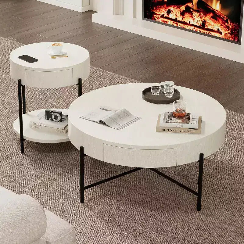Table basse ronde avec 2 tiroirs, plateau en bois