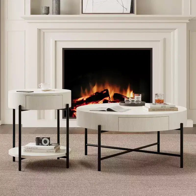 Table basse ronde avec 2 tiroirs, plateau en bois