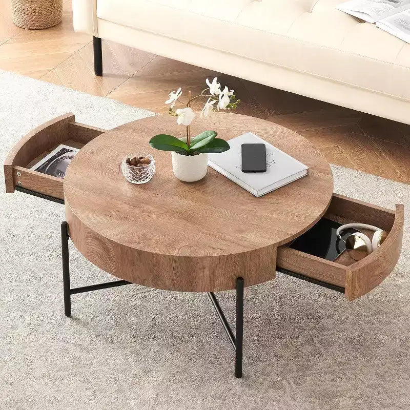 Table basse ronde avec 2 tiroirs, plateau en bois
