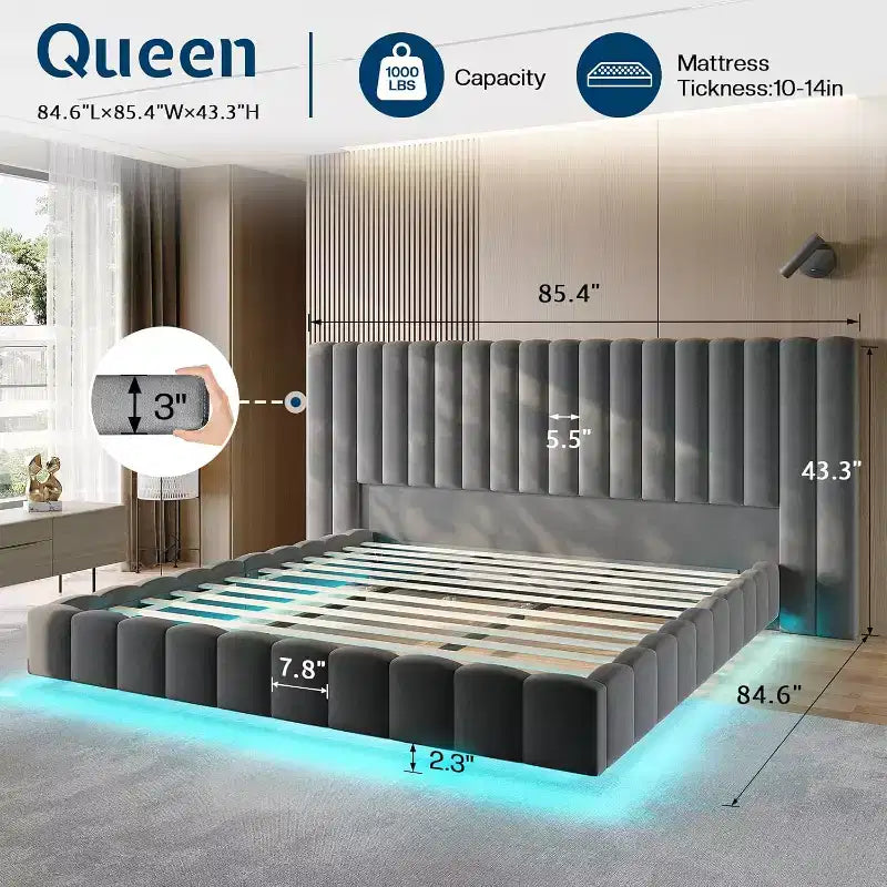 Lit plateforme rembourré avec lumières DEL, design flottant