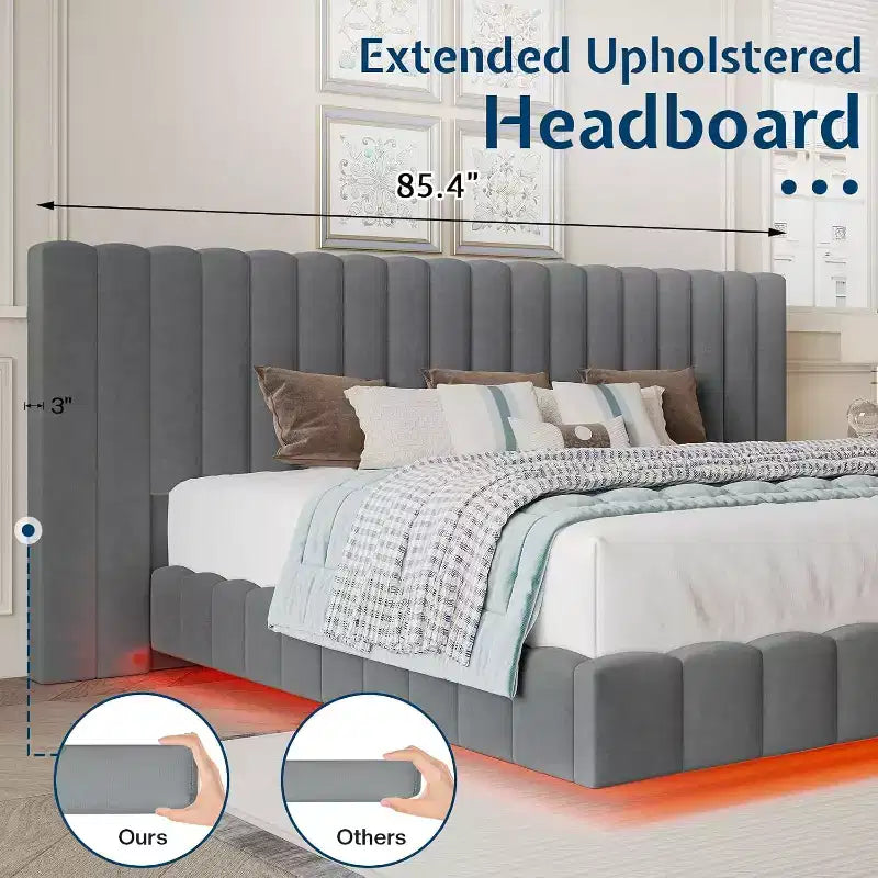 Lit plateforme rembourré avec lumières DEL, design flottant
