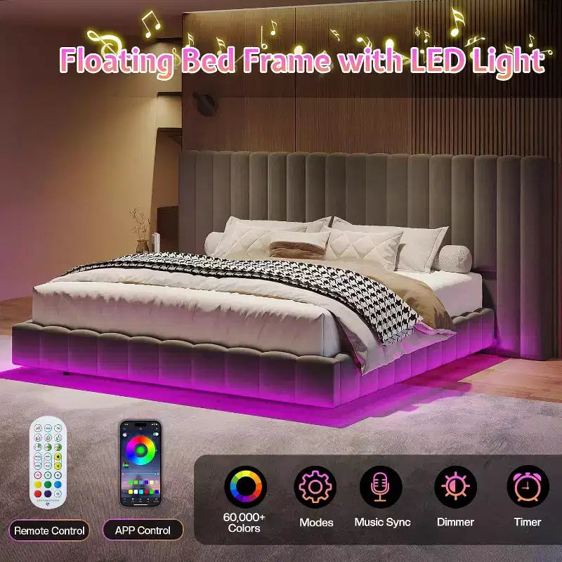 Lit plateforme rembourré avec lumières DEL, design flottant