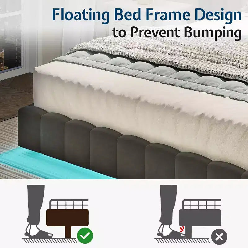 Lit plateforme rembourré avec lumières DEL, design flottant