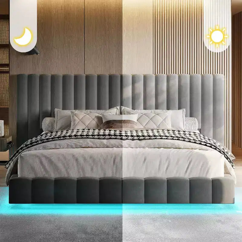 Lit plateforme rembourré avec lumières DEL, design flottant