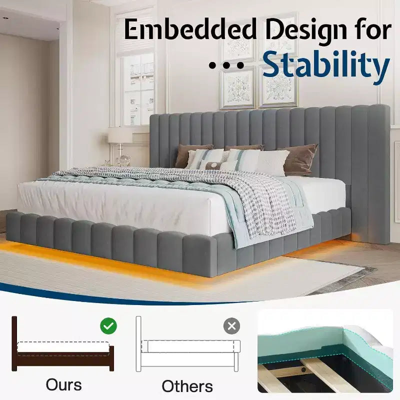 Lit plateforme rembourré avec lumières DEL, design flottant