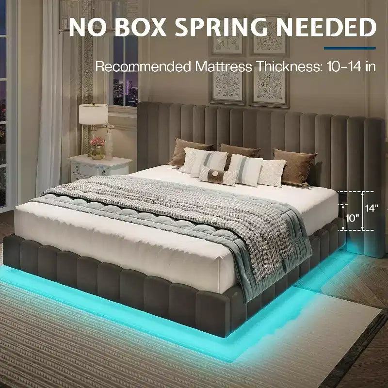 Lit plateforme rembourré avec lumières DEL, design flottant