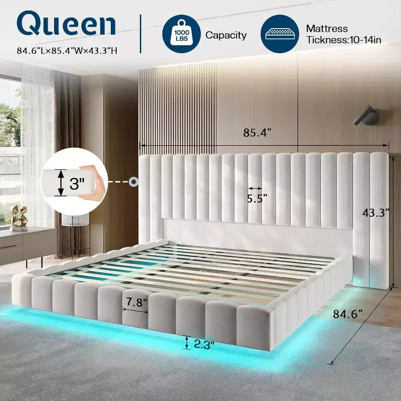 Lit plateforme rembourré avec lumières DEL, design flottant