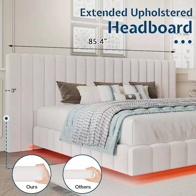 Lit plateforme rembourré avec lumières DEL, design flottant