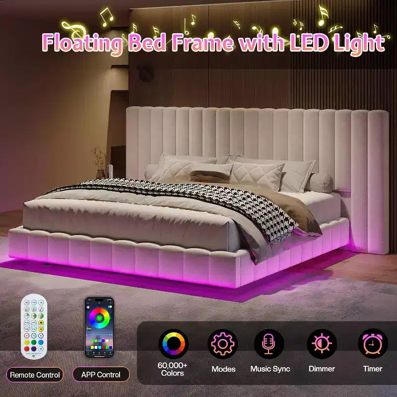 Lit plateforme rembourré avec lumières DEL, design flottant