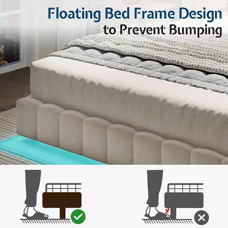 Lit plateforme rembourré avec lumières DEL, design flottant