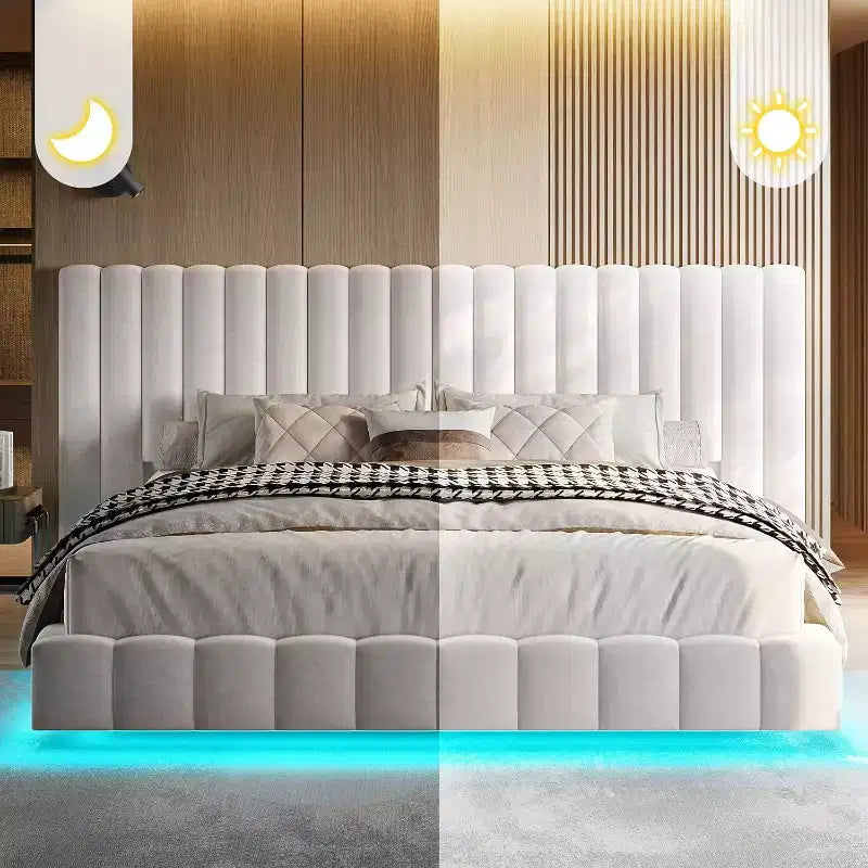 Lit plateforme rembourré avec lumières DEL, design flottant
