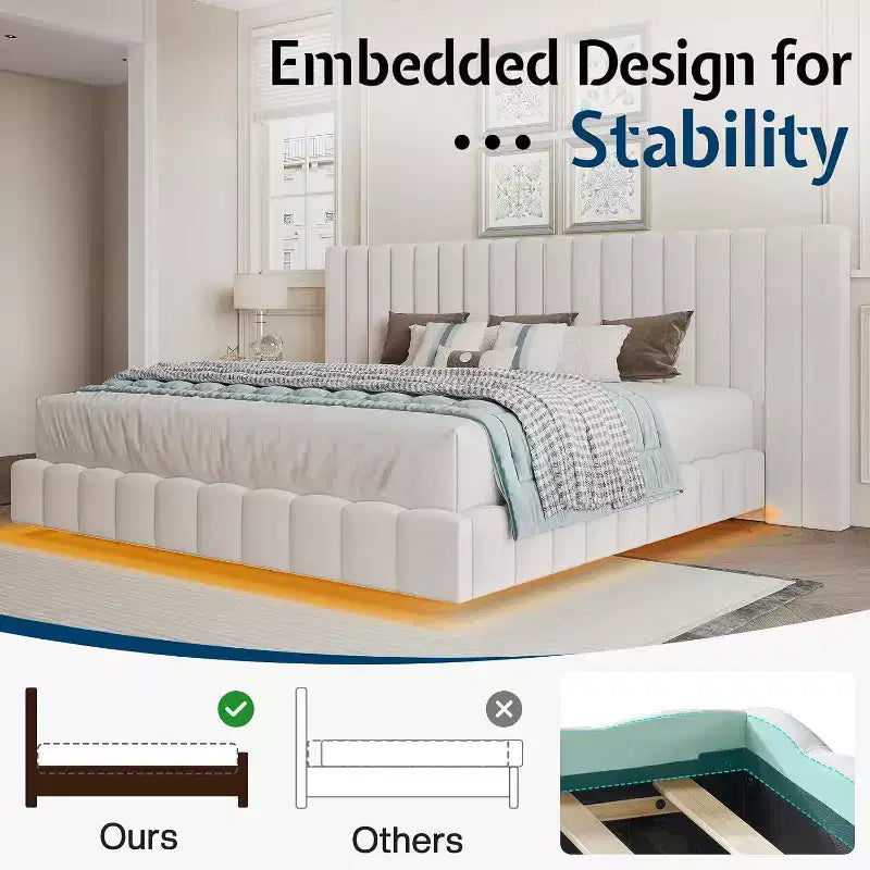 Lit plateforme rembourré avec lumières DEL, design flottant