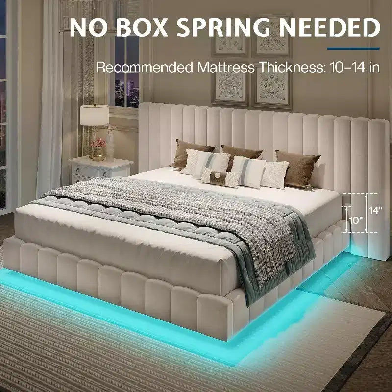Lit plateforme rembourré avec lumières DEL, design flottant