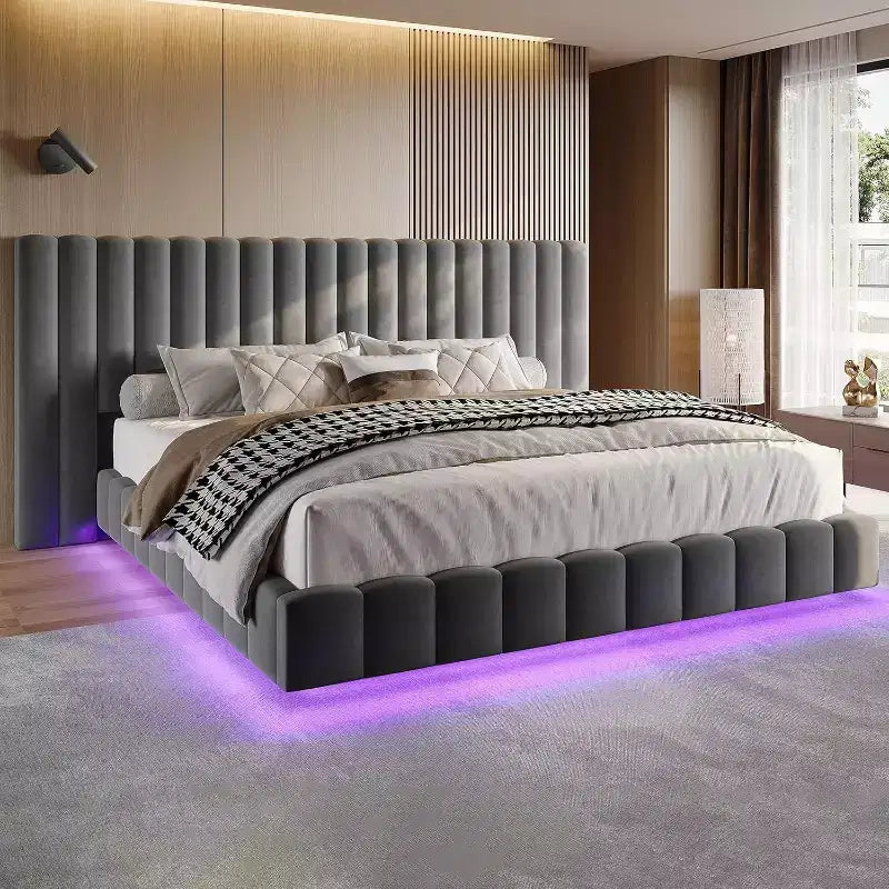 Lit plateforme rembourré avec lumières DEL, design flottant