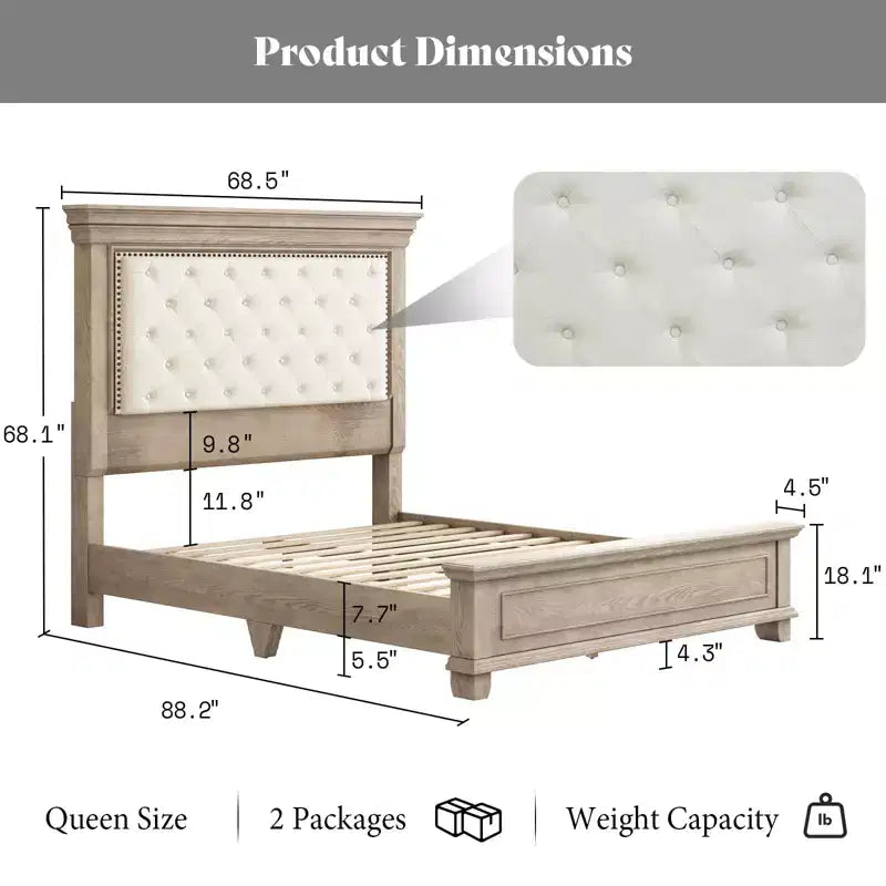Cadre de lit avec tête de lit capitonnée, lit plateforme de style rustique