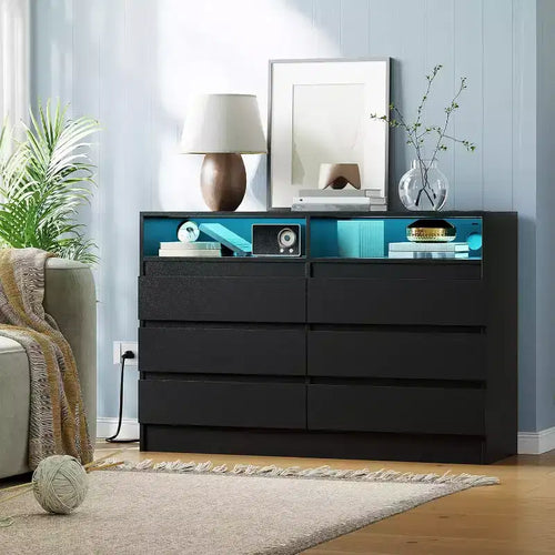 6 Drawer Double Dresser with Power Outlet, Accent Chests of Drawers with LED Light, Modern White Storage Dresser with Charging Station