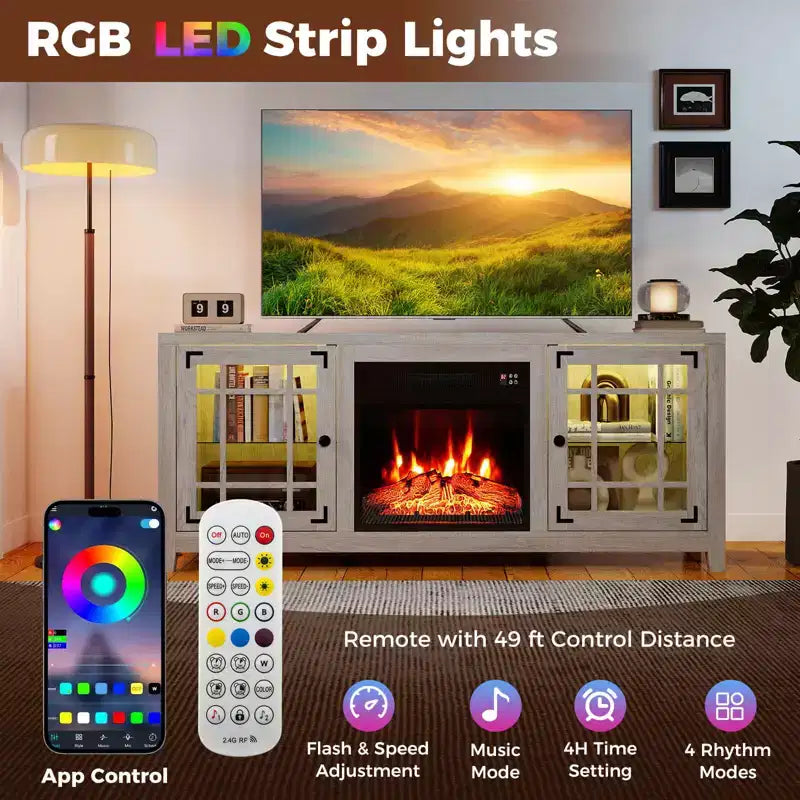 Meuble TV avec cheminée et lumières LED et cheminée électrique de 18 pouces