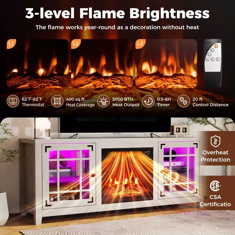 Meuble TV avec cheminée et lumières LED et cheminée électrique de 18 pouces