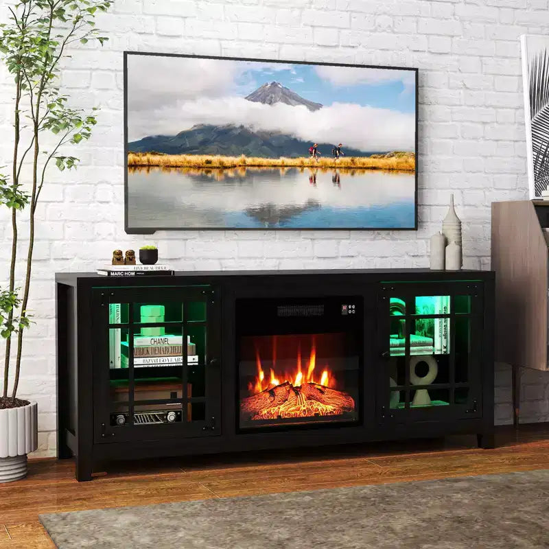 Meuble TV avec cheminée et lumières LED et cheminée électrique de 18 pouces