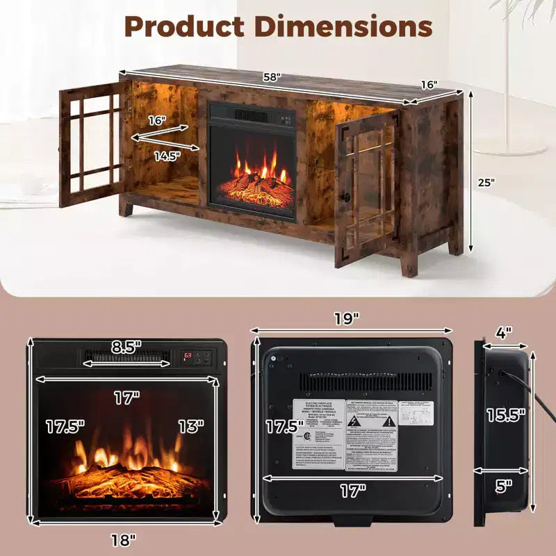 Meuble TV avec cheminée et lumières LED et cheminée électrique de 18 pouces