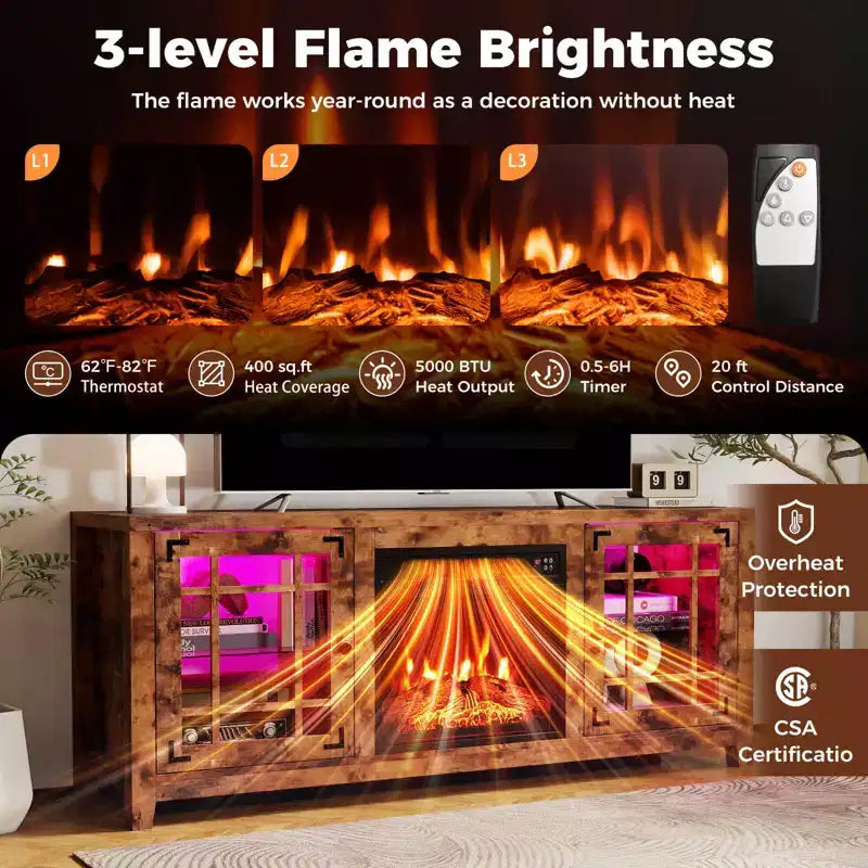 Meuble TV avec cheminée et lumières LED et cheminée électrique de 18 pouces