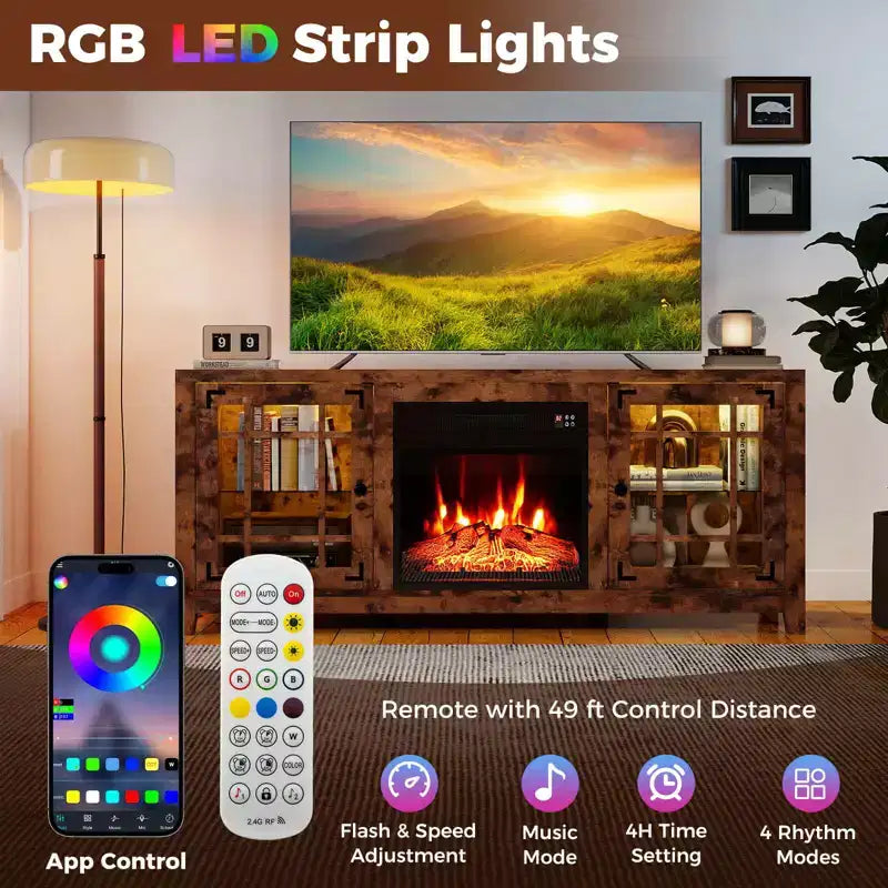 Meuble TV avec cheminée et lumières LED et cheminée électrique de 18 pouces