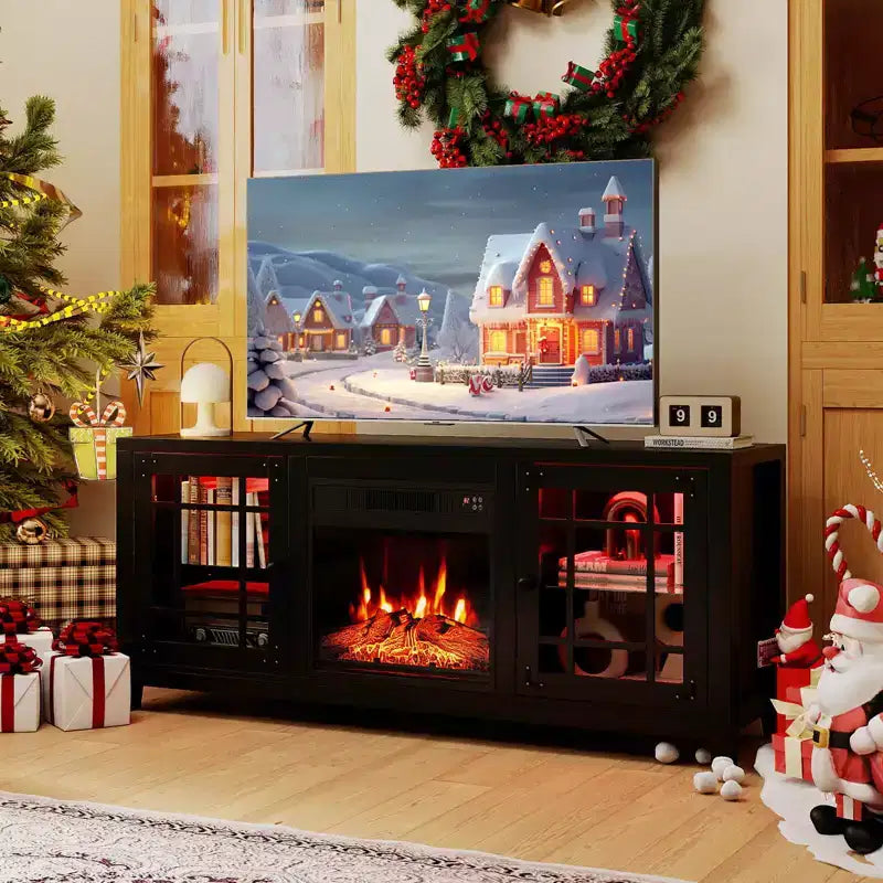 Meuble TV avec cheminée et lumières LED et cheminée électrique de 18 pouces