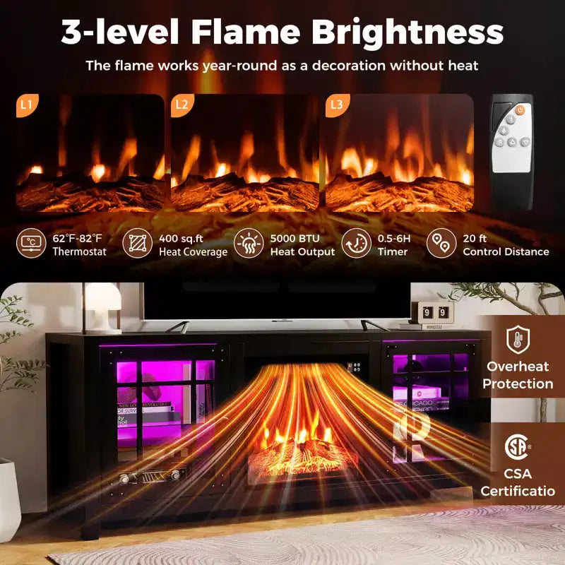 Meuble TV avec cheminée et lumières LED et cheminée électrique de 18 pouces