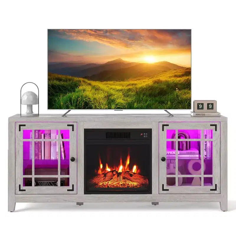 Meuble TV avec cheminée et lumières LED et cheminée électrique de 18 pouces