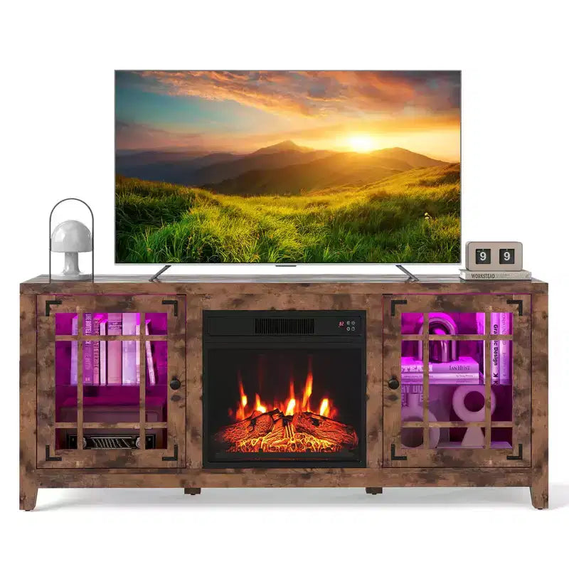 Meuble TV avec cheminée et lumières LED et cheminée électrique de 18 pouces