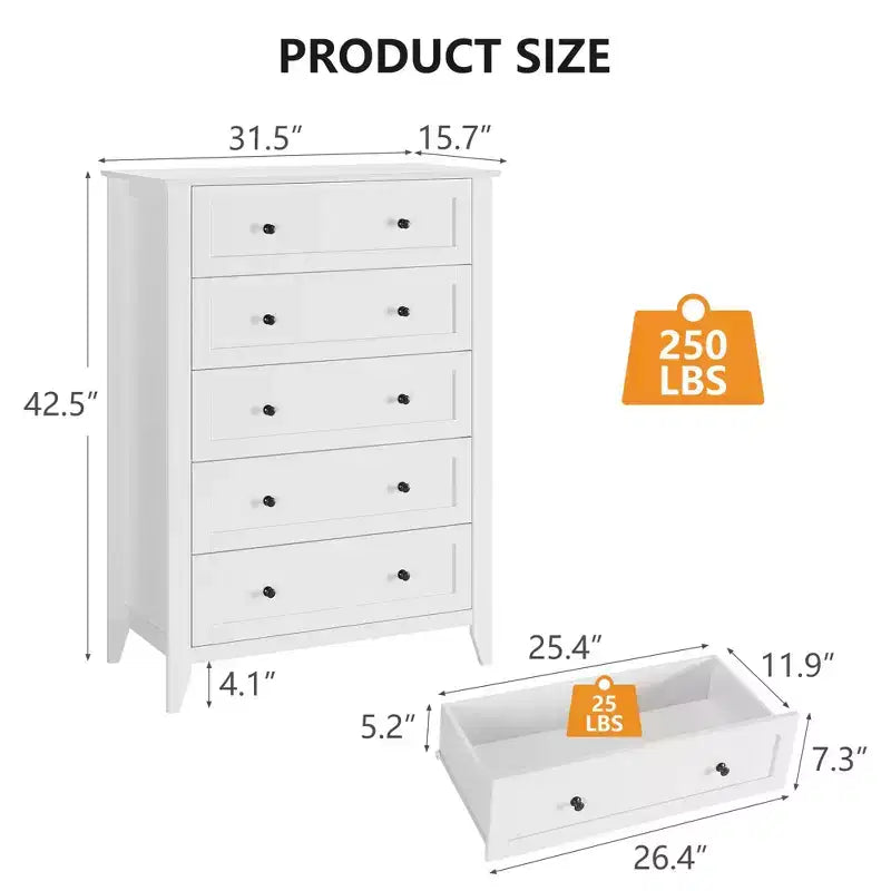Commode 5 tiroirs, lot de 2 commodes en bois