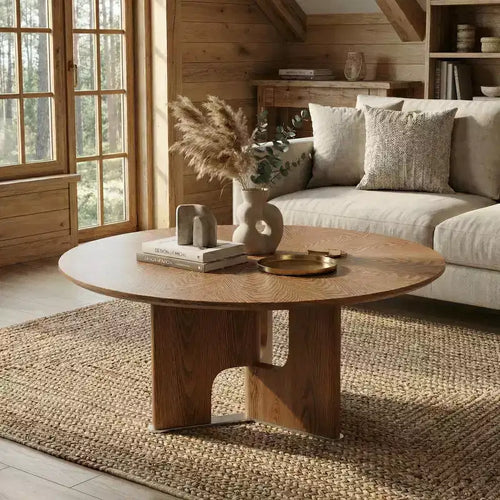 JVNOXK 31.5 Inches Round Rustic Ash Wood Veneer Coffee Table for Small Living Room,Walnut