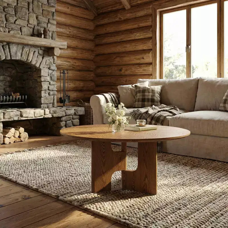 Table basse ronde rustique en placage de frêne de 31,5 pouces