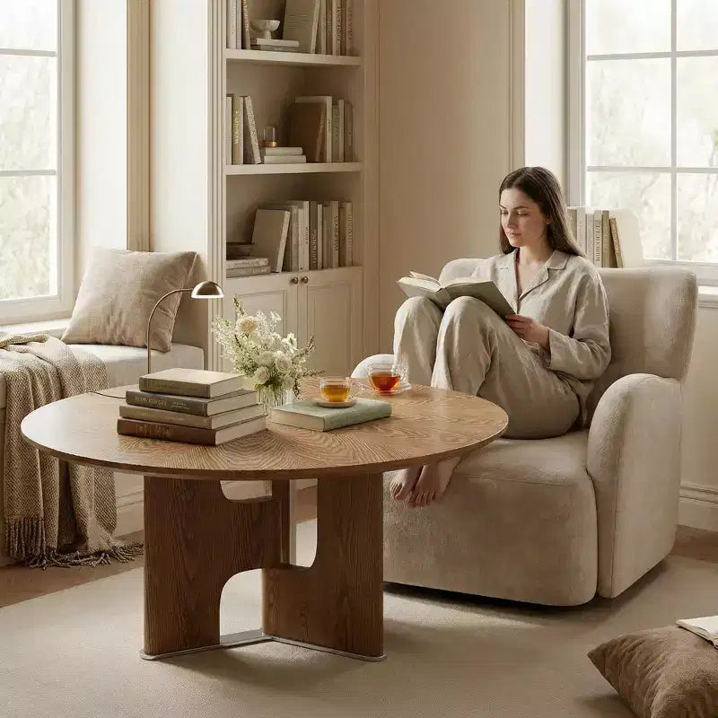Table basse ronde rustique en placage de frêne de 31,5 pouces