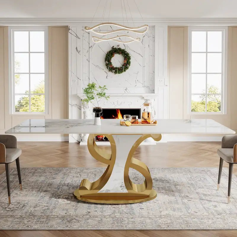Table à manger en pierre frittée avec base en acier inoxydable pour 8-10 personnes